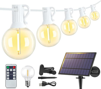 25FT Solar String Lights Outdoor with Remote, Waterproof Dimmable 3 Modes Patio Lights with 10+1 LED Shatterproof G40 Bulbs for Garden-White