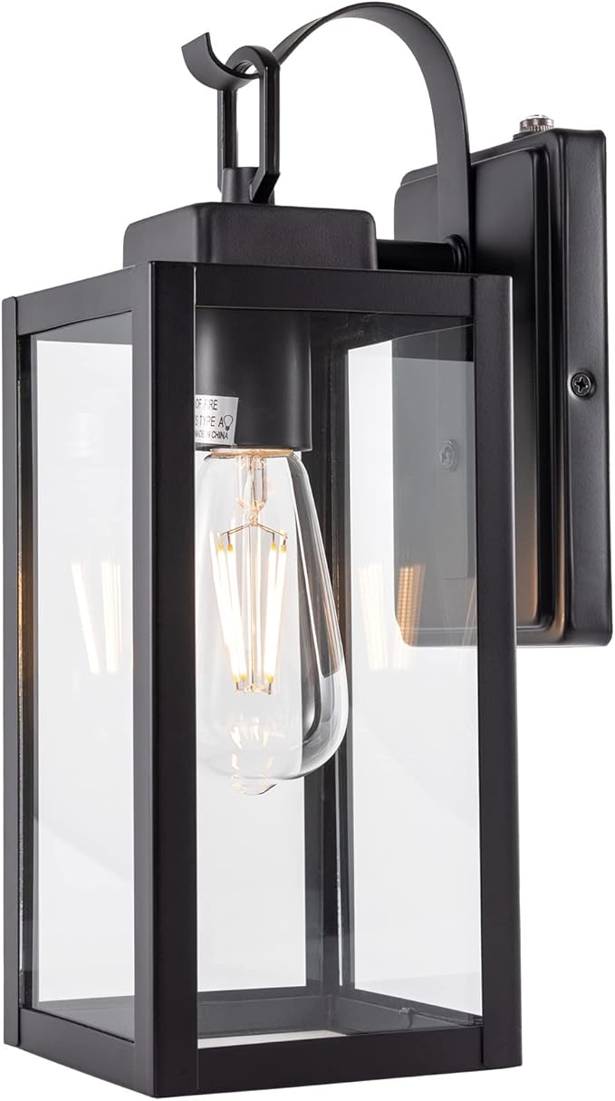 GRUENLICH Dusk to Dawn Outdoor Wall Lantern, Wall Sconce for Porch Lighting Fixture, E26 Base Max 60W, Metal Housing Plus Glass, Matte Black Finish, Bulb Not Included, 1-Pack
