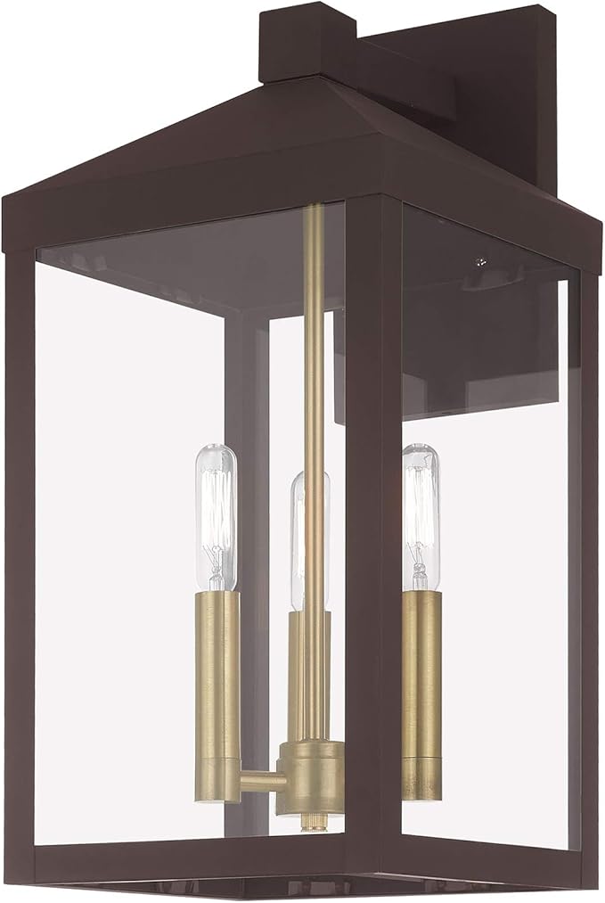 Livex 20584-07 Transitional Three Light Outdoor Wall Lantern from Nyack Collection in Bronze/Dark Finish | Lumora