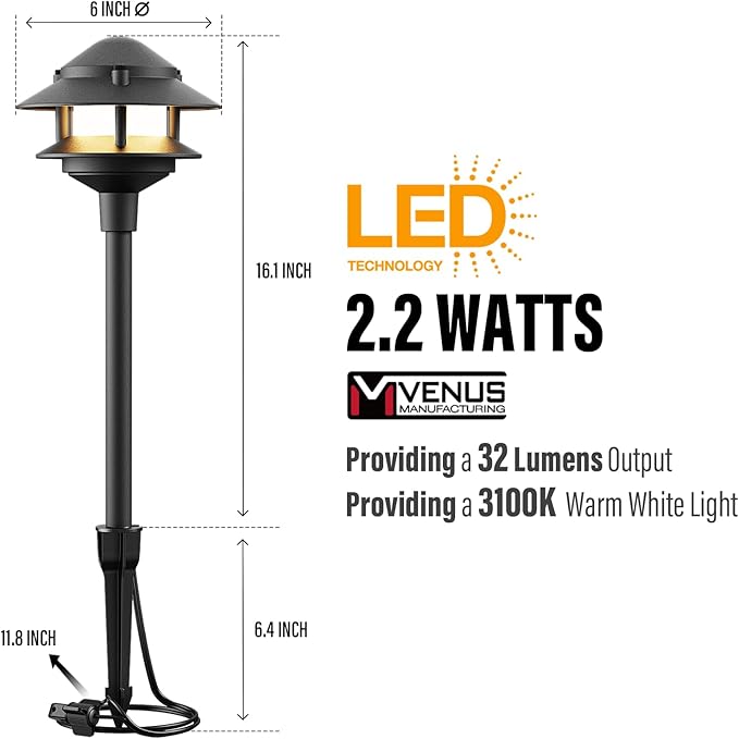VENUS MANUFACTURING Low Voltage Landscape Lights LED Outdoor Pathway Light 12V AC 2.2W 32Lumen Warm White Landscape Lighting for Garden Path Driveway Yard (4)
