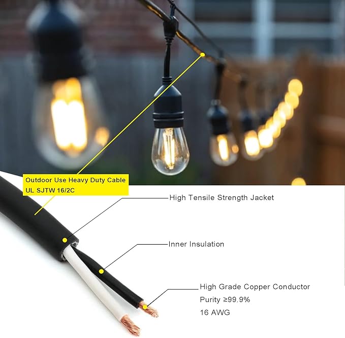 48Ft Outdoor Hanging String Lights,16 LED S14 Vintage Bulbs,Heavy Duty 120V Plug in & Connectable,Dimmable | Lumora