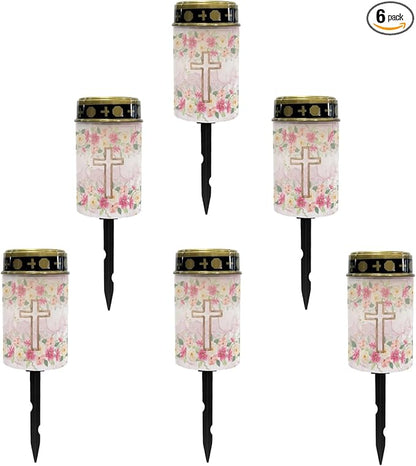 Cross Floral Solar Lights Outdoor Solar Garden Stake Lights Landscape Lighting for Yard Patio Cemetery Decoration for Grave,Flameless Warm White Lights Solar Powered Lights for Outside,Pink