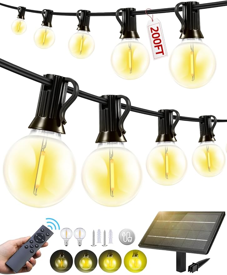 200FT Solar Lights Outdoor Waterproof: G40 60M Shatterproof Bulbs Patio Lights - Solar Powered Remote Control 3 Light Modes Dimmable Solar Light - Camping Backyard Garden Deck Outside Yard