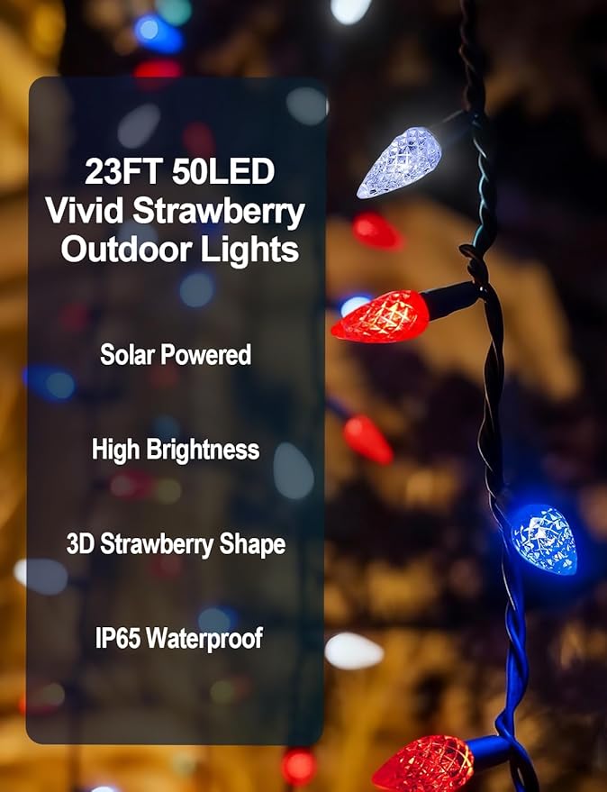2 Pack 4th of July Decorative Lights Outdoor C6 Strawberry String Lights Red White Blue Fairy Lights 50 LED Solar Operated Rechargeable Garden Lights for Christmas Tree Arbor Decor