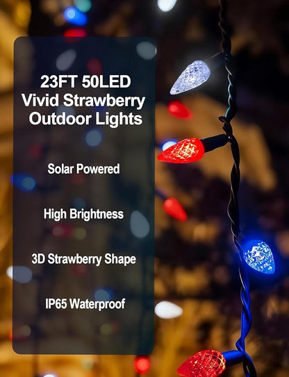 2 Pack 4th of July Decorative Lights Outdoor C6 Strawberry String Lights Red White Blue Fairy Lights 50 LED Solar Operated Rechargeable Garden Lights for Christmas Tree Arbor Decor