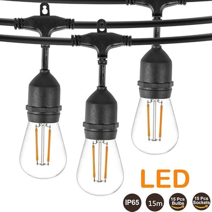 48FT Outdoor LED String Lights Commercial Grade Weatherproof Strand for Patio Garden Porch Backyard Party Lights (48FT 15 Lights)