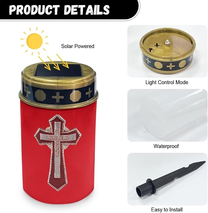 Red Solar Cross for Cemetery Grave Decorative Solar Lights Waterproof Outdoor Solar Cemetery Lights for Grave Set of 2 Solar Powered Cemetery Solar Lights for Prayer Decor Candle Lamp