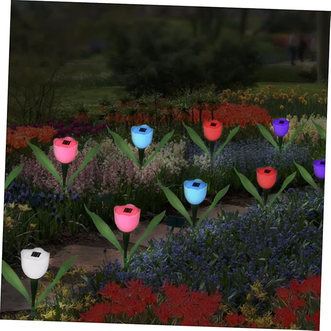 BESPORTBLE 7pcs Tulips Shape Garden Solar Lanterns for Pathway Yard Driveway Outdoor Lighting Weatherproof Solar Ground Lights Random Color