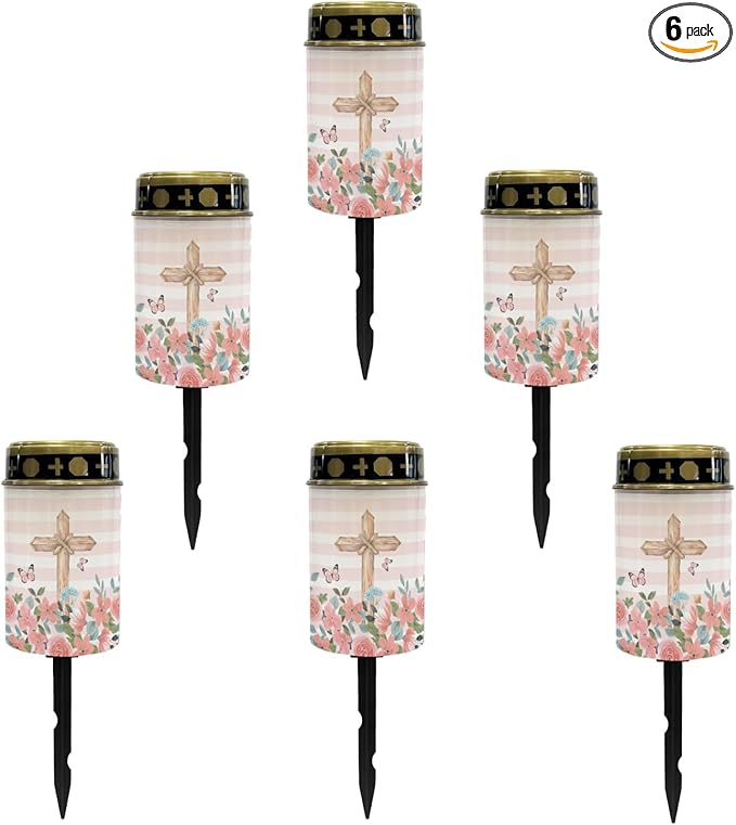 Cross and Pink Floral Cemetery Lights for Grave,Solar Lights Outdoor Waterproof Lights Garden Lights Solar Powered Pathway Lights Backyard Lights Solar String Lights Wall Light Auto On & Off