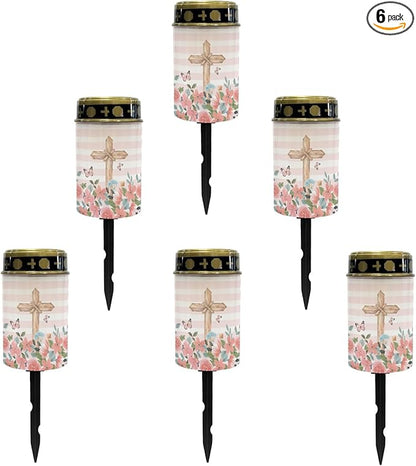 Cross and Pink Floral Cemetery Lights for Grave,Solar Lights Outdoor Waterproof Lights Garden Lights Solar Powered Pathway Lights Backyard Lights Solar String Lights Wall Light Auto On & Off