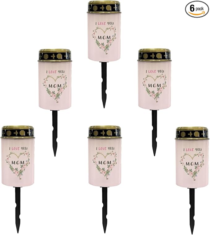 I Love Mom Solar Lights Outdoor Solar Garden Stake Lights Landscape Lighting for Yard Patio Cemetery Decoration for Grave,Flameless Warm White Lights Solar Powered Lights for Outside