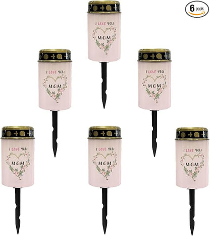 I Love Mom Solar Lights Outdoor Solar Garden Stake Lights Landscape Lighting for Yard Patio Cemetery Decoration for Grave,Flameless Warm White Lights Solar Powered Lights for Outside