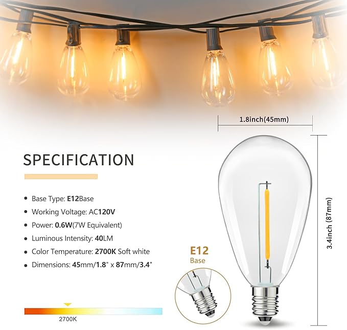 100FT Outdoor String Lights for Outside Patio Lights with 24+1 Shatterproof S14 E12 LED Bulb, 2700K Outside Hanging | Lumora