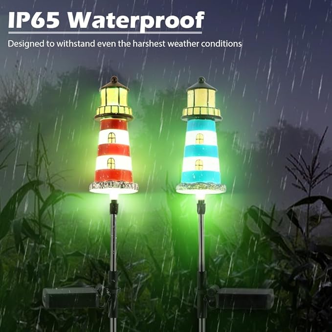 2 PCS Solar Lighthouse,7 Colors Changing Lighthouse Solar Light Outdoor Decor for Yard and Garden,Path Lights Lighthouse,IP65 Waterproof