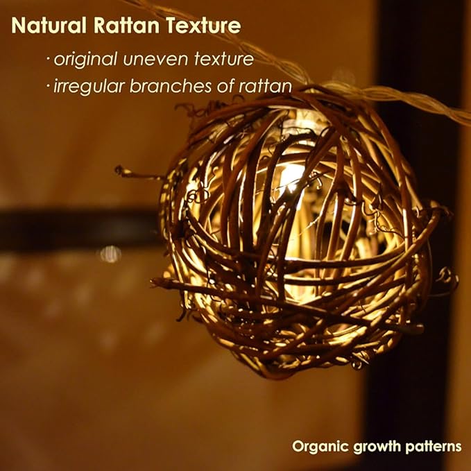 Rattan Ball String Lights Plug in Fairy Lights for Thanksgiving Decorations Indoor Outdoor Patio Garden Balcony | Lumora