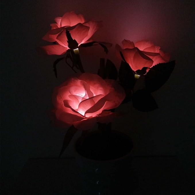 LED Solar Power Decorative Artificial Rose Flower Pot Plant Landscape Light Night Lamp Outdoor Garden Yard Pathway Lawn Grassland Pink