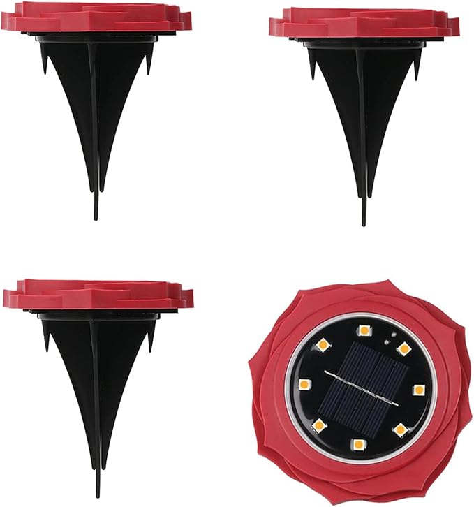 Solar Ground Lights 8 LED Disk Light With Red Rose Petal Shape Solar Powered Outdoor in-Ground Lights for Garden Driveways Lawn Yard Driveway Walkway Pool Patio Deck Pathway,4 Pack,Warm White