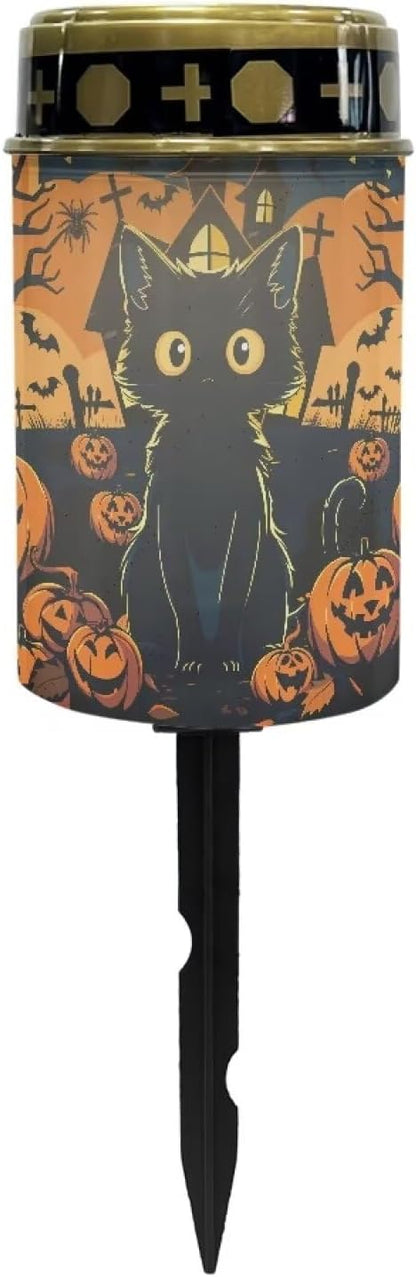 Black Cat Pumpkin Cemetery Solar Lights, Solar Powered Garden Stake Lights, Halloween Decorative Lights for Cemetery Grave Yard Patio Outdoor Decoration Memorial