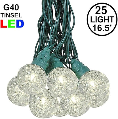 25 Foot G40 Tinsel Outdoor Patio String Lights with 25 Warm White Globe Bulbs – Market Bistro Café Hanging String Lights – C7/E12 Base - Green Wire