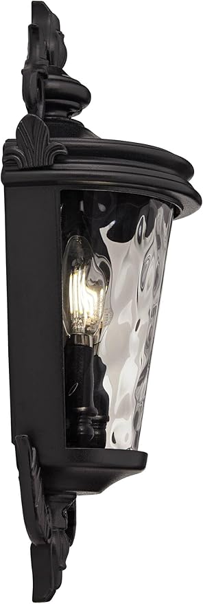 John Timberland Casa Marseille European Outdoor Wall Light Fixture Textured Black Scroll 17" Clear Hammered Glass | Lumora