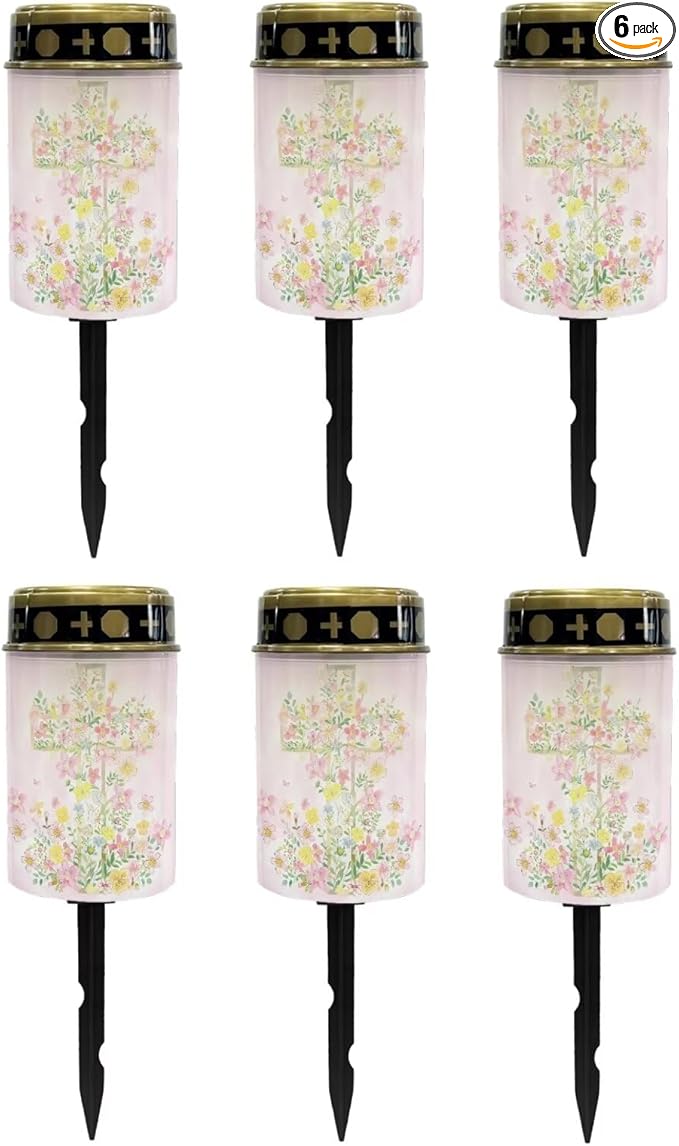 Poceacles Cross Solar Lights Grave Solar Lamp Solar Powered Stake Lights for Grave Site Outdoor Solar Garden Lights Waterproof Grave Lantern for Cemetery Decor, Pink Yellow Floral Cross, Pack of 6