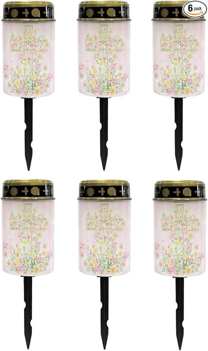Poceacles Cross Solar Lights Grave Solar Lamp Solar Powered Stake Lights for Grave Site Outdoor Solar Garden Lights Waterproof Grave Lantern for Cemetery Decor, Pink Yellow Floral Cross, Pack of 6