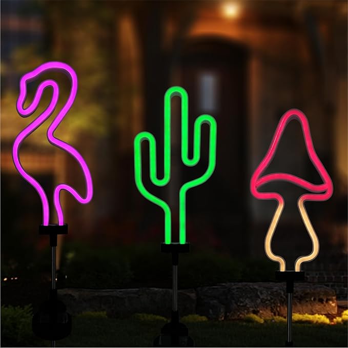 Solar Garden Lights Flamingo,Cactus and Mushroom Outdoor Waterproof Solar Neon Strip Lights for Landscape,Lawn,Yard,Patio,Pathway,Backyard,Pool Decoration