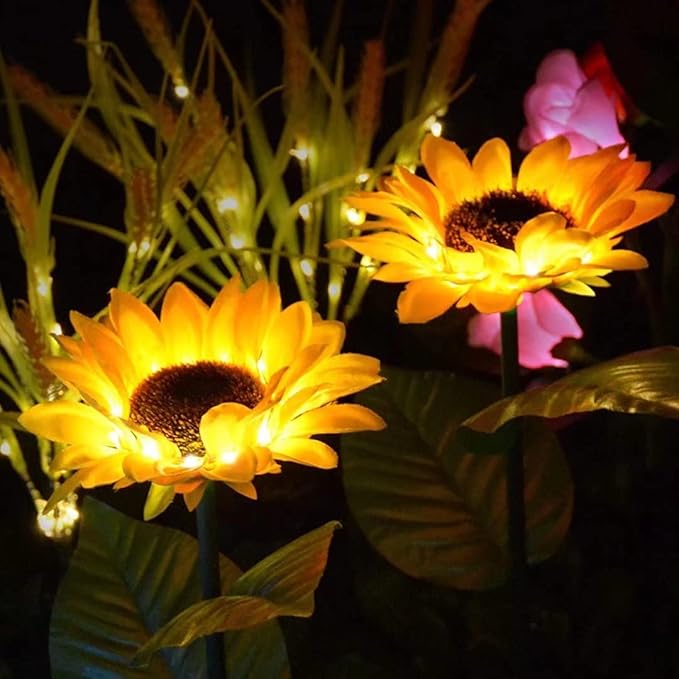 2 Pack Solar Sunflower Lights,Outdoor Garden Solar Powered Decorative Artificial Flower Stake for Patio Porch Christmas Gardening Bed Pathway Memorial Cemetery Grave Decor