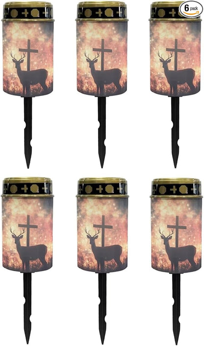 Poceacles 6 Pieces Cross Outdoor Solar Lights Solar Garden Lights Cemetery Solar Lights Water Resistant Pillar Candle Solar Garden Stake Lights for Cemetery Grave Decorations, Deer Cross Galaxy Red