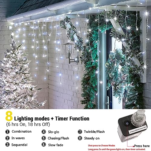 Toodour Christmas Icicle Lights Outdoor, 1224 LED 100ft 8 Modes Fairy Icicle String Light with 204 Drops, Led Christmas Lights Twinkle for Holiday, Party, Wedding, Eaves, Xmas Decorations (White)