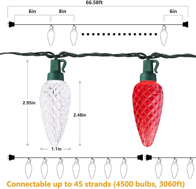 Brizled 100 LED C9 Red & White Christmas Lights, 66FT Faceted Christmas Lights, Connectable Outdoor Indoor Strawberry Light String, 120V UL Certified for Valentine's Day Party Xmas Tree House Garden