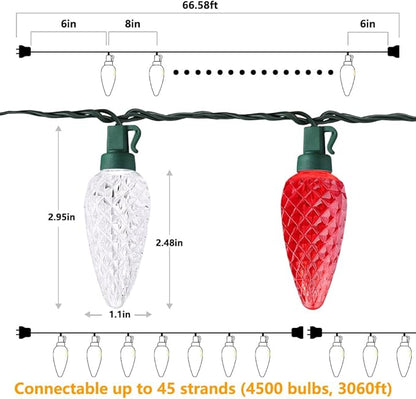 Brizled 100 LED C9 Red & White Christmas Lights, 66FT Faceted Christmas Lights, Connectable Outdoor Indoor Strawberry Light String, 120V UL Certified for Valentine's Day Party Xmas Tree House Garden
