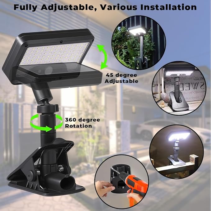 2PCS Clip On Solar Lights Outdoor with Motion Sensor,360°Rotatable & Vertically Adjustable,92 LEDs 600LM Solar Fence Lights Outdoor Waterproof LED, for Chain Link Fence,Deck, Gutter,Camping