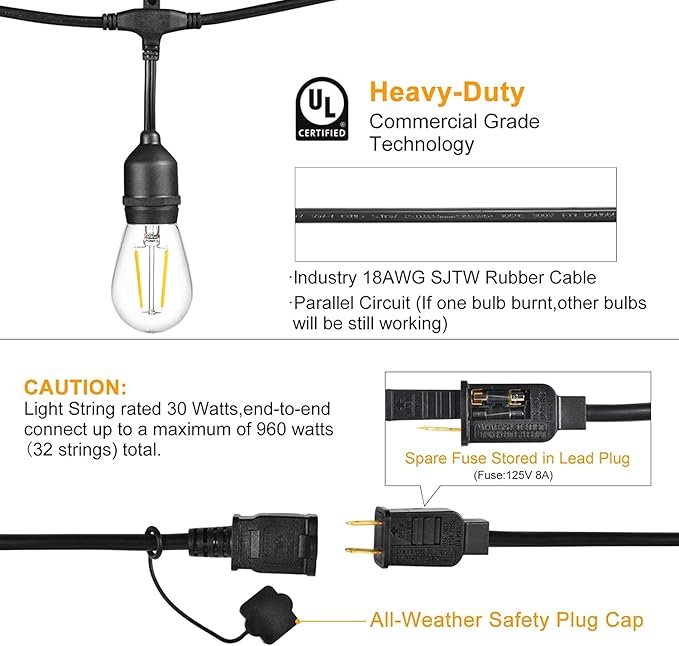 LED Patio String Lights, 35ft 18 Lights Solar Powered, E26 Socket with S14 Bulbs Weatherproof Outdoor Bistro Lights | Lumora