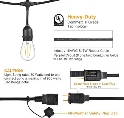 LED Patio String Lights, 35ft 18 Lights Solar Powered, E26 Socket with S14 Bulbs Weatherproof Outdoor Bistro Lights (18 Lights - Solar)