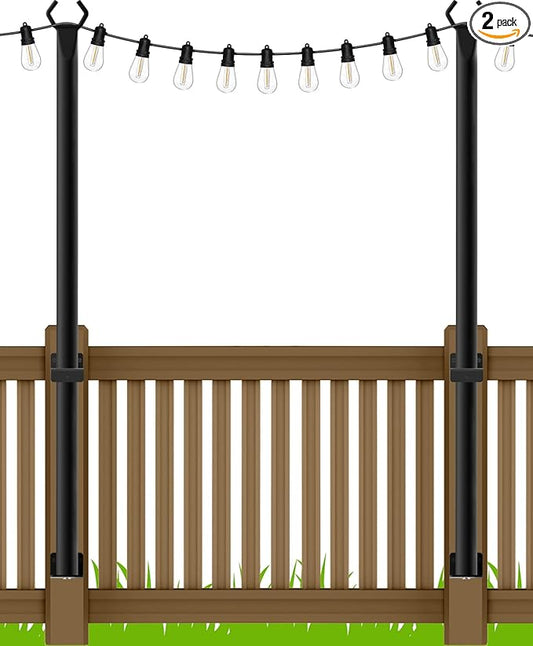 AILBTON 4.8Ft String Light Poles 2 Pack,Light Poles for Outside Lights,Outdoor with Fence Brackets Hanging Lights,Metal Stand Deck Patio Backyard