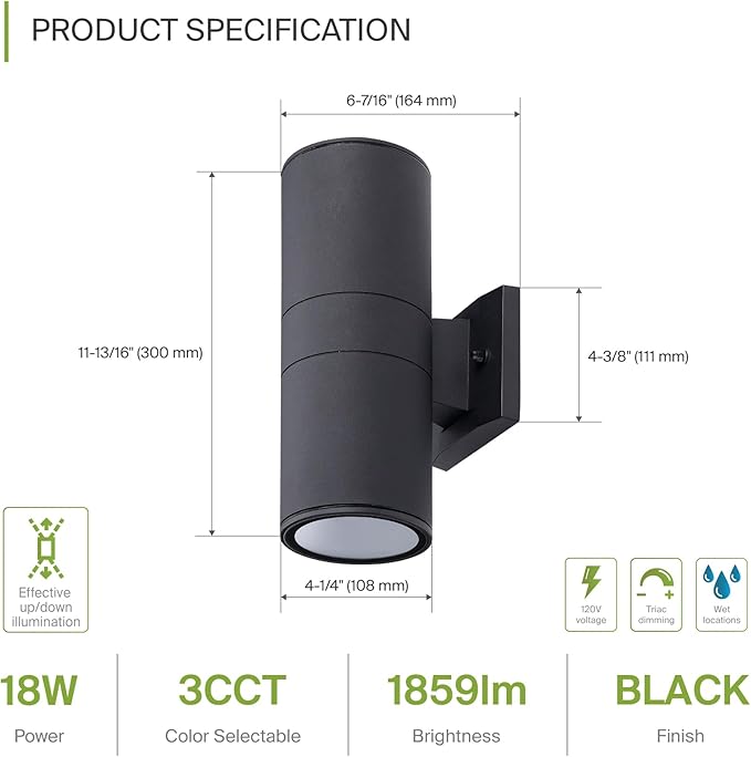 ASD 2 Light LED Indoor & Outdoor Wall Light Fixture | 18W 1900LM 3000K-5000K 120V Cylinder Up Down Lights | | Lumora