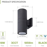 ASD 2 Light LED Indoor & Outdoor Wall Light Fixture | 18W 1900LM 3000K-5000K 120V Cylinder Up Down Lights | | Lumora