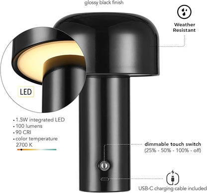 Globe Electric 60000118 8" 1.5W LED Integrated Outdoor Table Lamp, Black, Plug-in Rechargeable Battery, USB-C Cable, Frosted Acrylic Diffuser, 4-Step Dimmer Touch Switch, Wet Rated
