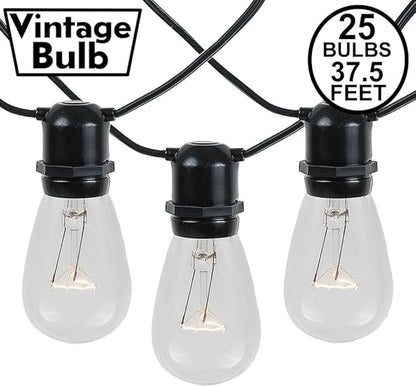 Novelty Lights 37.5 Feet, 25 in-Line E26 Sockets, S14 String Light Set with Clear Incandescent Bulbs, Heavy Duty Black Wire Patio Lights, Weather Resistant, End-to-End Connectable