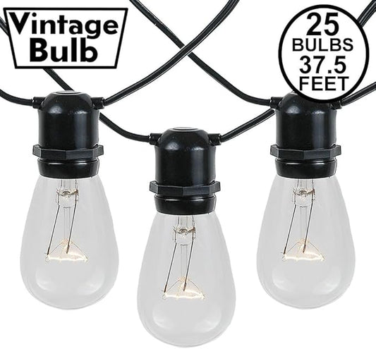 Novelty Lights 37.5 Feet, 25 in-Line E26 Sockets, S14 String Light Set with Clear Incandescent Bulbs, Heavy Duty Black Wire Patio Lights, Weather Resistant, End-to-End Connectable