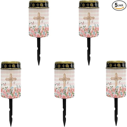 Cross and Pink Floral Cemetery Lights for Grave,Solar Lights Outdoor Waterproof Lights Garden Lights Solar Powered Pathway Lights Backyard Lights Solar String Lights Wall Light Auto On & Off