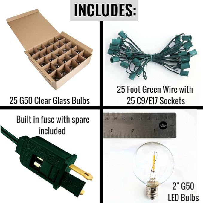 Hometown Evolution, Inc. G50 2" LED Filament Outdoor Patio String Lights with 0.6 Watt Light Bulbs (G50 LED - Green Wire, 25 ft)
