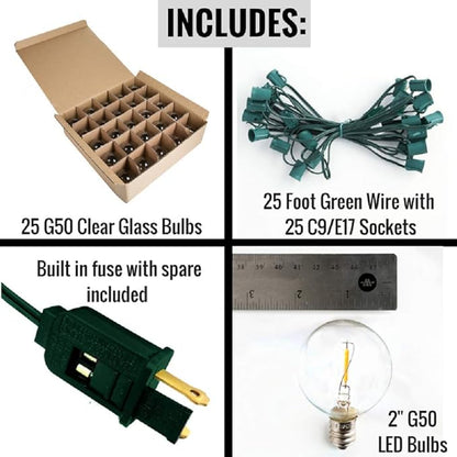 Hometown Evolution, Inc. G50 2" LED Filament Outdoor Patio String Lights with 0.6 Watt Light Bulbs (G50 LED - Green Wire, 25 ft)