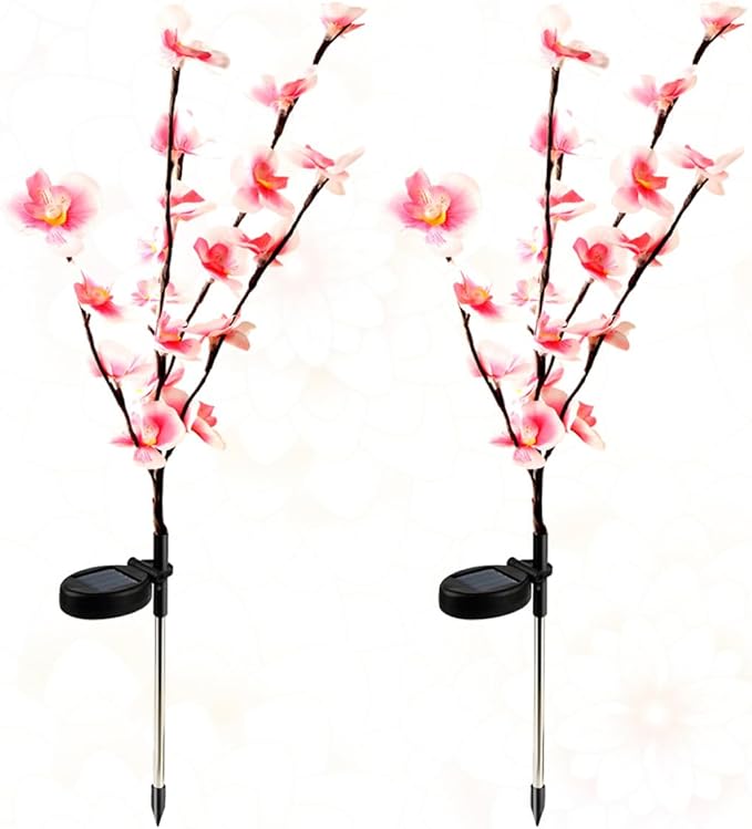 FAVOMOTO 2pcs Floral Solar Garden Lights for Outdoor Walkway, Lawn, and Patio, Decorative Solar-Powered Ground Stake Path Lights for Backyard Landscape