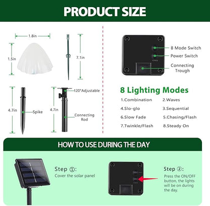 OZS 2PK 32LED 55FT Mushroom Solar Garden Lights Outdoor, Solar String Lights Waterproof with 8 Lighting Modes, Solar Garden Decor for Outside, Pathway Light for Yard Decoration (Warm White)