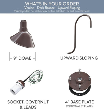 Steel Lighting Co. Venice Store Sign Light | for Outdoor Restaurant Accent Wall | 9 inch Dome | Upslope Gooseneck | Made in America | Dark Bronze Exterior/White Interior