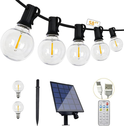 58FT Solar String Lights Waterproof with Remote, G40 LED Dimmable Globe Outdoor Lights for Patio with 27 Edison Vintage Shatterproof Bulbs, Connectable Backyard Lights for Bistro, Porch