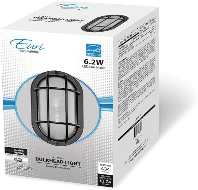 Euri Lighting EOL-WL13BK-2050e Aluminum Housing, Bulkhead Outdoor Integrated LED Wall Light, Wet Rated, 6.2 Watts, 434 Lumens, 5000K Cool White, Energy Star, 2 Year, 50K Hour Warranty