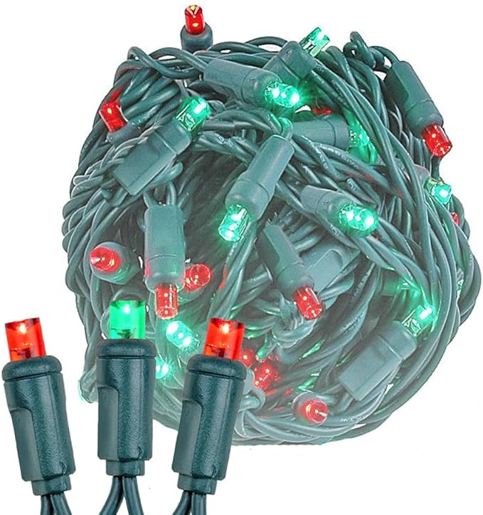 Novelty Lights 25ft 50 LED Red/Green Christmas Lights Outdoor/Indoor, 6" Spacing, Green Wire String Lights for Festive Xmas Lighting, IP55, UL Listed, Dimmable, Connectable